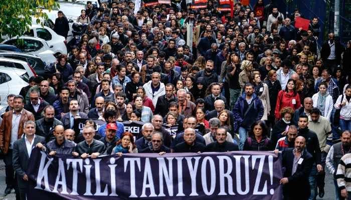 Protesters with a banner reading, "We know who the killer is", Istanbul, Oct. 13, 2015. Halit Onur Sandal/NurPhoto/Corbis