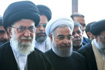 Ayatollah Ali Khamenei and President Hassan Rouhani at the funeral of a leading cleric, Mashhad, Iran, March 5, 2016.