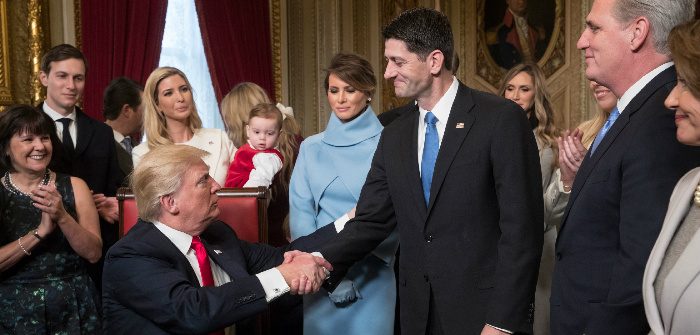 President Donald Trump with House Speaker Paul Ryan and the Congressional leadership in Washington, D.C., Jan. 20, 2017. J. Scott Applewhite/Reuters